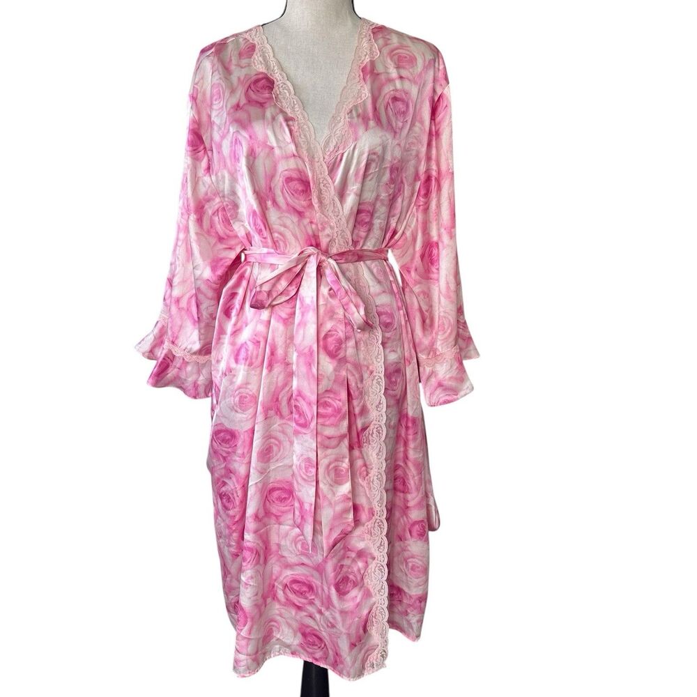 Enchanting Pink Rose Satin Robe Lace Trim Wrap Belted Floral OS Fairycore